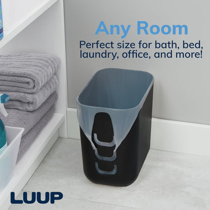 STORi Luup Trash Can (Black) - Reuse Grocery Bags - Plastic Garbage Container for Bathroom, Vanity, Laundry Room, Kitchen, Office, Garage - 2.5 Gallon Wastebasket with Hooks to Secure Trash Bags