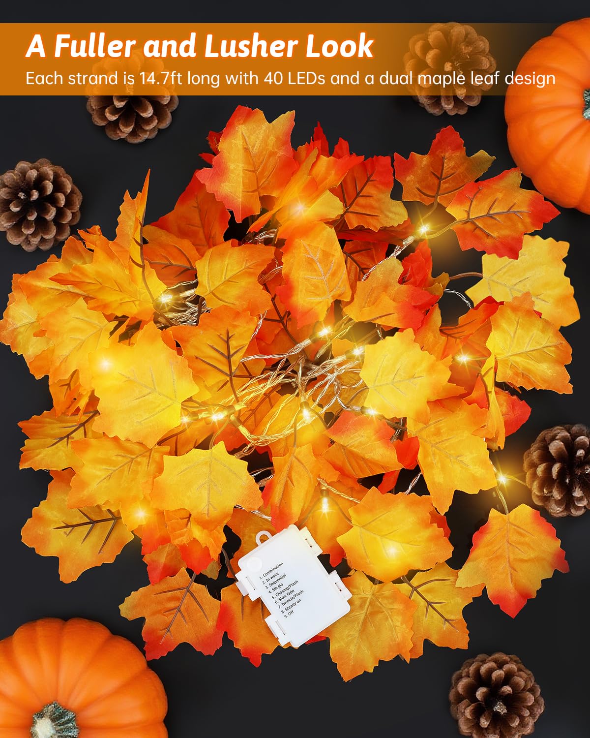 2Pack [8 Lighting Modes & Timer] Fall Decor Maple Leaf Garland with Lights 80LED Battery Operated Waterproof, Fall Decorations for Home Outdoor Indoor Thanksgiving Decor Halloween Friendsgiving Autumn