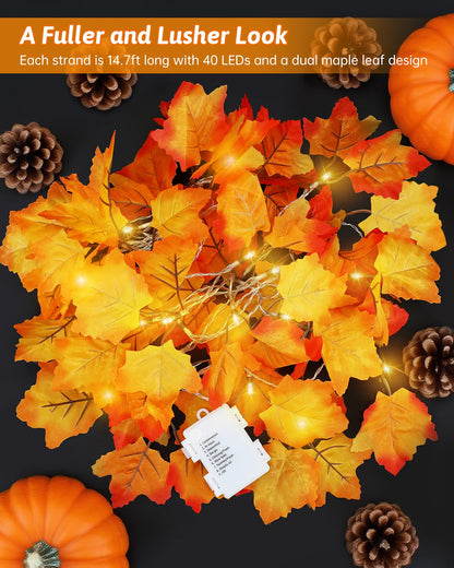 2Pack [8 Lighting Modes & Timer] Fall Decor Maple Leaf Garland with Lights 80LED Battery Operated Waterproof, Fall Decorations for Home Outdoor Indoor Thanksgiving Decor Halloween Friendsgiving Autumn