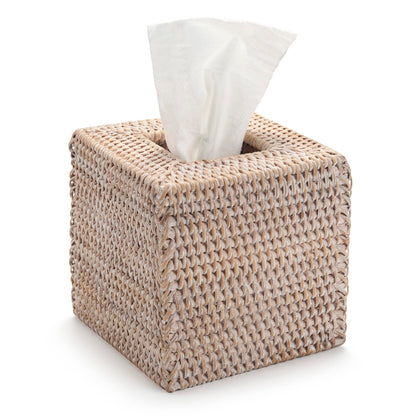 Rattan Tissue Box Cover Natural Woven Facial Napkin Holder Square (White, 5.5x5.5x5.9 Inch)