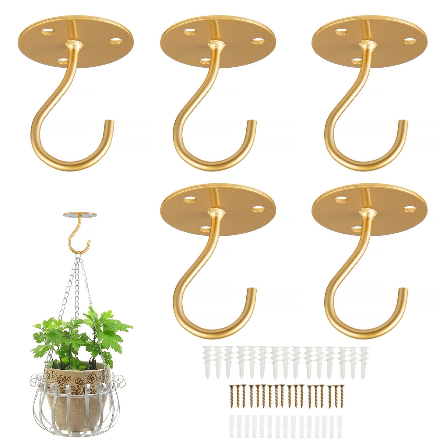 LangPu Ceiling Hooks for Hanging Plants-Metal Heavy Duty Wall Mounted Hangers for Hanging Bird Feeders, Planters, Wind Chimes, Include Professional Drywall Anchors (5 Pack) (Bright Gold)