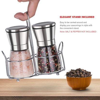 bonris Premium Salt and Pepper Grinder Set with Stand Stainless Steel Manual Spice Adjustable Coarseness with Five Grinding Level Pepper Mill Grinders Shakers Set with Silicone Funnel (Pack of 2)