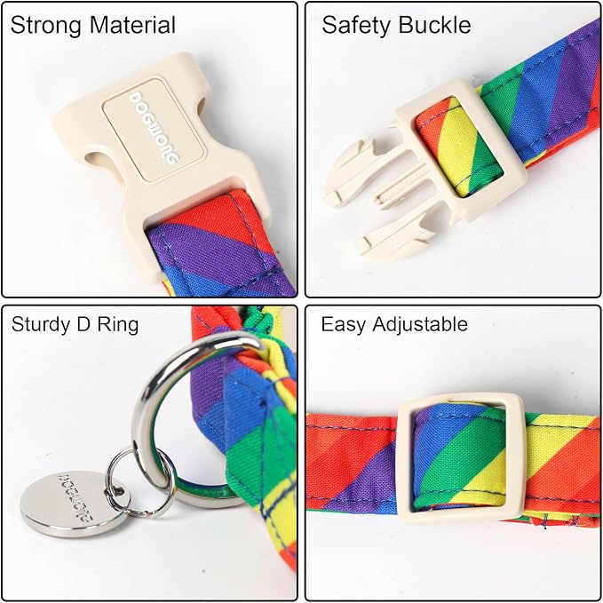 DOGWONG Cotton Dog Collar, Rainbow Dog Collar Durable Soft Natural Fabric Pet Dog Collar Cute LGBTQ Puppy Necklace for Small Medium Large Dog