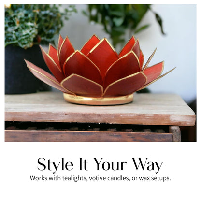 OM Gallery Gemstone Lotus Tealight Holder - Handcrafted Capiz Shell Design for Soft Glow, Elegant Home & Table Decor, Wedding Centerpieces, Votive Candle Styling, and Thoughtful Gifting - Ruby