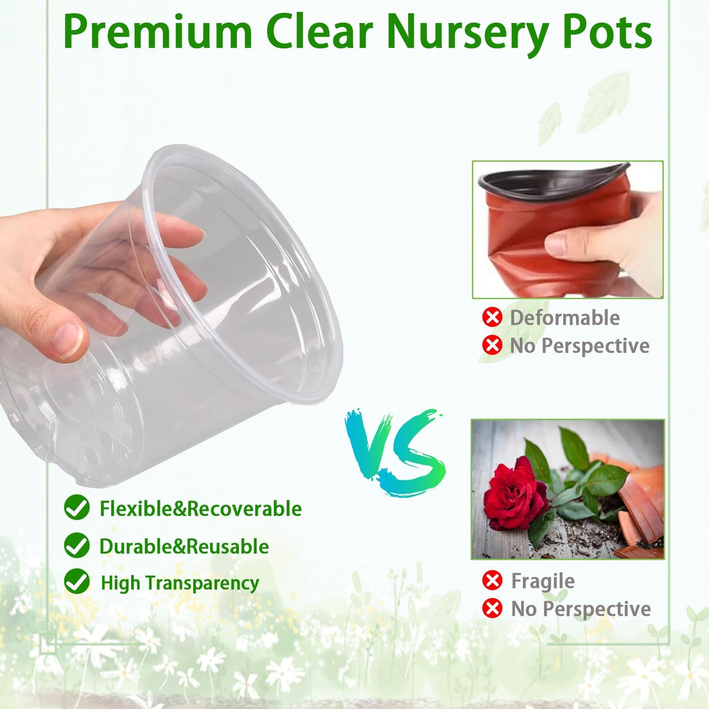 STAFANIE 7/8/10 Inch Large Clear Nursery Pots with Drainage Holes, Thick Reusable Plastic Plant Pots for Indoor Outdoor Plants, Seedlings, Succulents, Transplanting (7/8/10 inch)