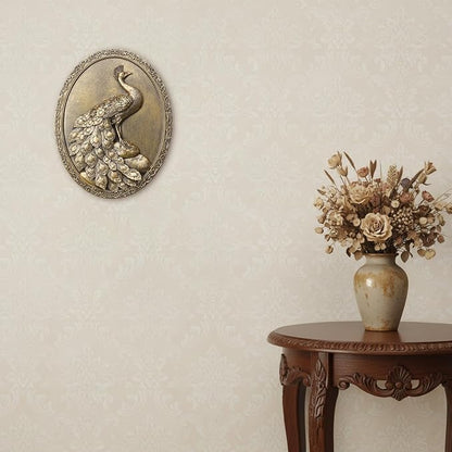 Newinhome Vintage Peacock Wall Sculpture Antique Wall Decor, Hand Painted Wall Decoration with Embossed Peacock Design, Gold Decor for Bedroom Living Room Hallway, Housewarming Gift