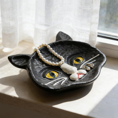 Womeet Black Cat Face Cast Iron Trinket Dish, Gothic Kitten Jewelry Tray, Small Decorative Cat Ring Holder for Earrings Necklings Rings, Halloween Home Decor Storage Dish for Vanity Countertop