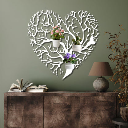 OZF Tree of Life Metal Wall Mounted Plant Holder, Tree Heart Wall Hanging Plant Holder, Branch Metal Plants Stand for Living Room (Black, 18"x 18"| 48x47cm, 2 Pack 8" Flower Pot Holder Ring)