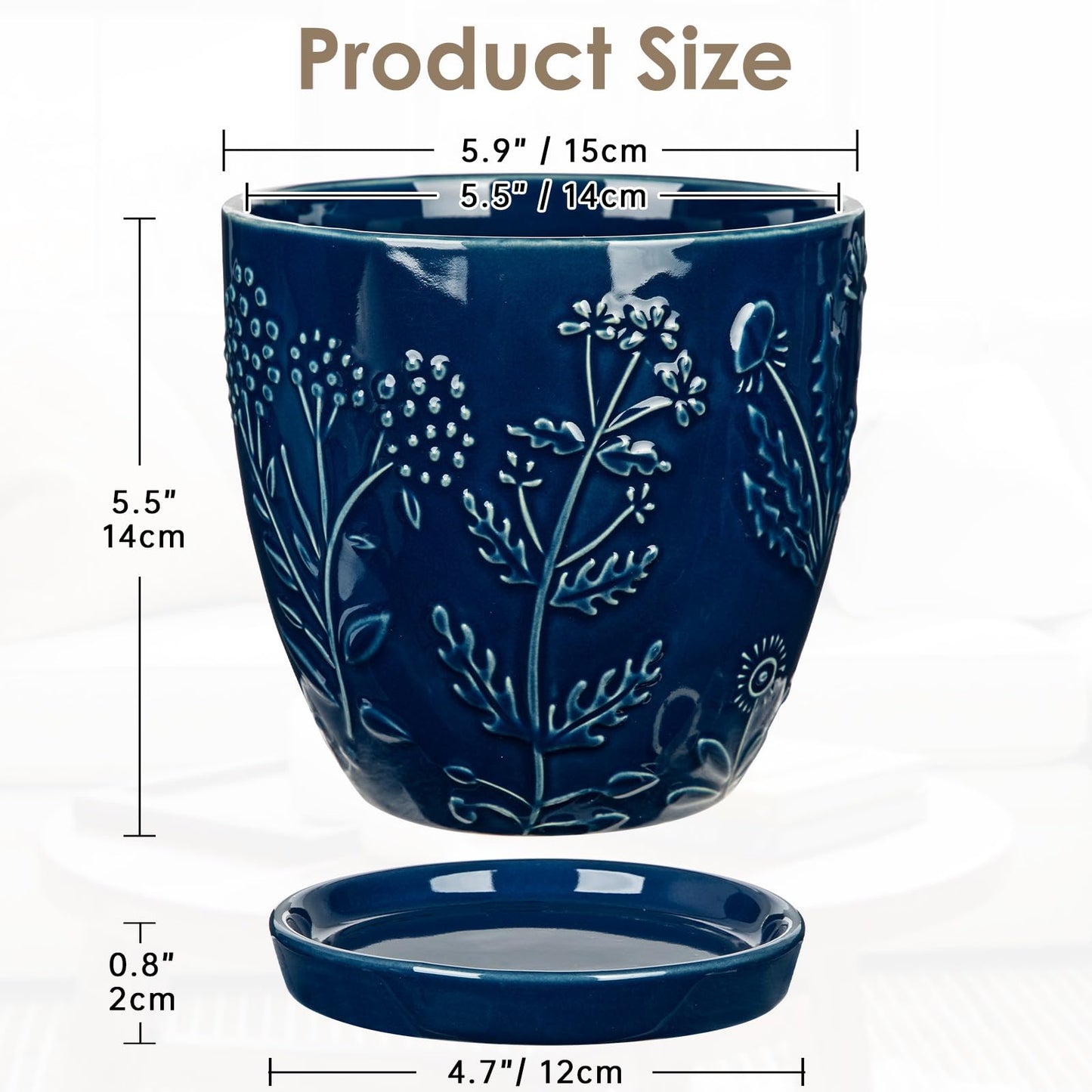 Hollyone 6 Inch Blue Ceramic Planter Flower Plant Pot with Drainage Hole and Saucer for Plants Embossed Indoor Outdoor Garden Embossed Ceramic Glazed Round Pot for Succulent Orchid Floral Pattern