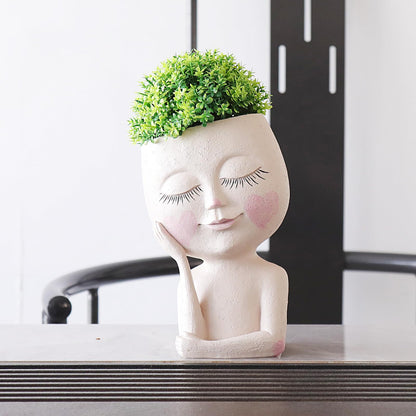 CASANIA Closed Eyes Girl Head Planter Pot with Drainage Hole, Resin Face Planter for Succulents Small Plants, Indoor Outdoor Whimsical Decor for Home Garden Office, Gift for Plant Lovers