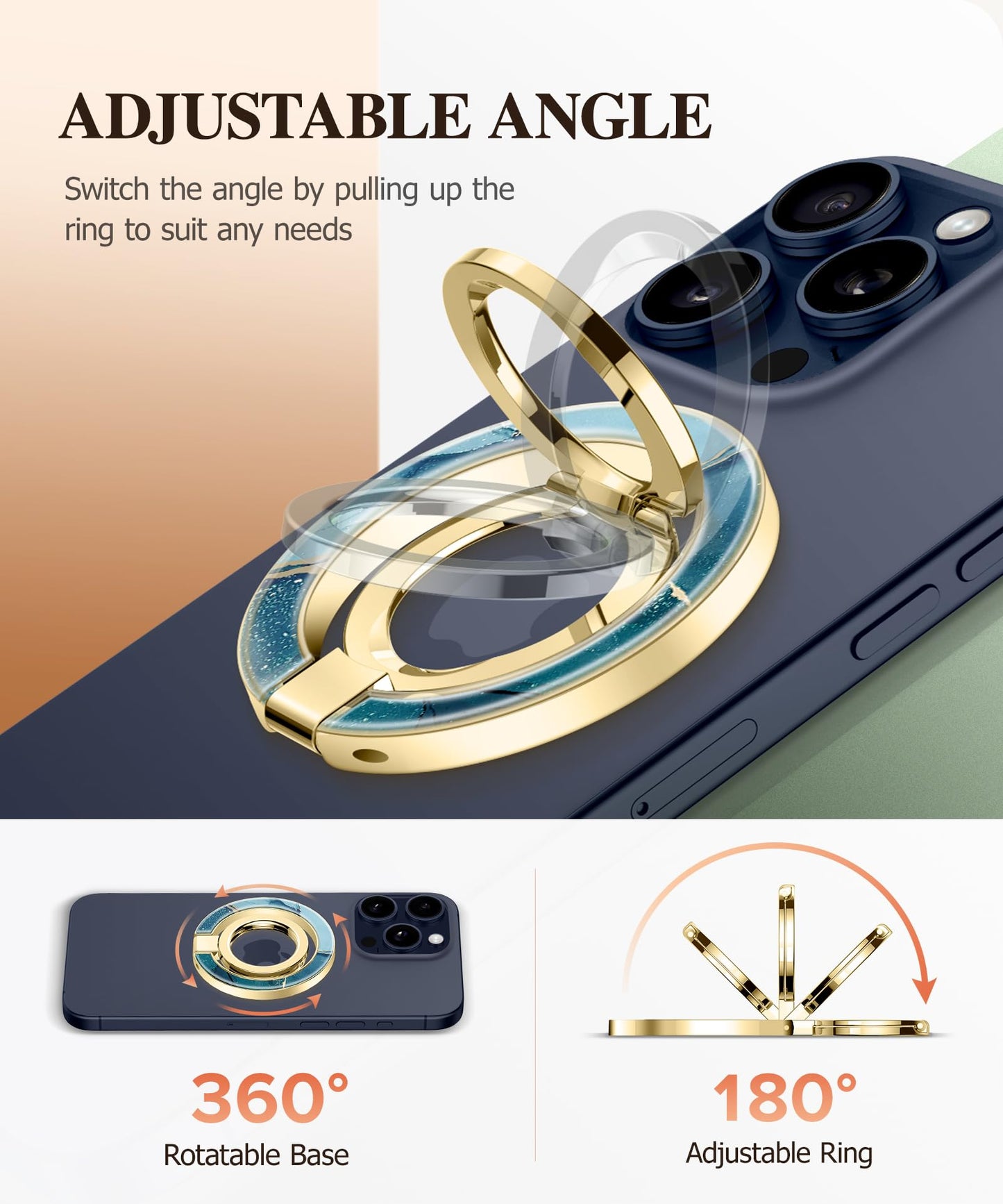 GVIEWIN Magnetic Phone Ring Holder, Compatible with MagSafe Phone Grip with Adjustable Stand, Magnet Phone Ring Kickstand for iPhone 17/16/15/14/13/12 Pro Max Plus Air/Other Phones (Glitter/Silver)