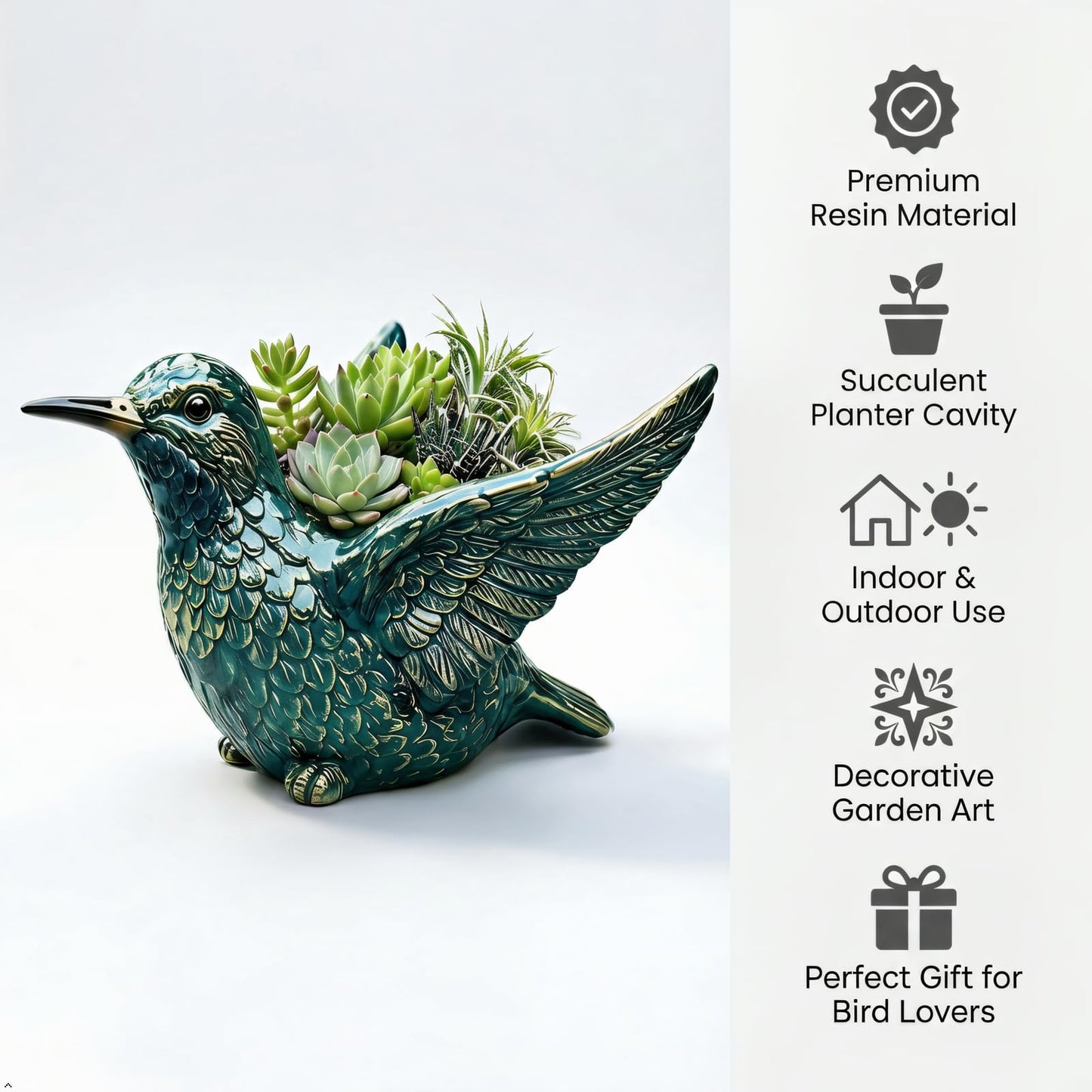 Bird-Shaped Succulent Flower Pot, Resin Decorative Flower Pot, Cute Animal Plant Pot for Indoor Outdoor Plants, Garden Desk Windowsill Decor, Unique Gift for Fowl Lovers (Hummingbird)