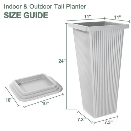 PolarcoForgeco Tall Outdoor Planters Set of 2, 24" Tapered Outdoor Tall White Planter for Front Porch, Large Indoor Modern Planter Flower Pots with Tray, Drainage Holes (Ribbed)