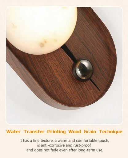 ALABABATA Natural Marble Wall Sconce, 10.5" High Alabaster Wall Sconces with White Stone Lampshade and Wood Grain Metal Base, Mid Century Modern Wall Lights Fixture for Bedroom Living Room Hallway