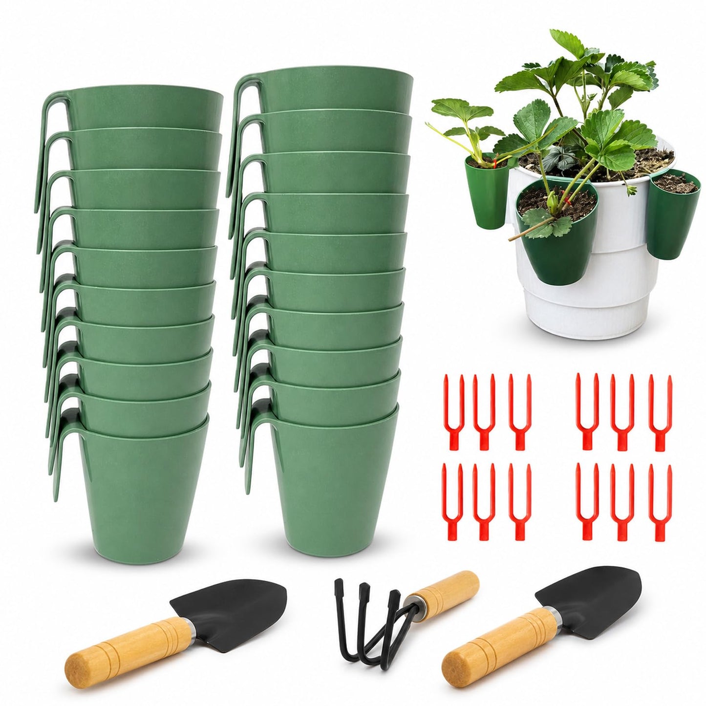 Strawberry Propagation Cups, with 20 Cups & 50 Forks and Gardening Tools, Hanging Strawberry Planter, for Bare Root Plants, Hanging Planter for Greenhouse & Home Garden (20pcs,Small)