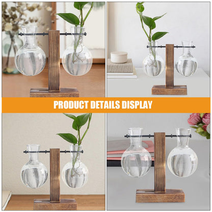 VALICLUD 3Pcs High Borosilicate Glass Flower Vases with Holes and Wooden Stand, Hydroponic Plant Propagation Jars for Indoor Terrarium and Floral Arrangement