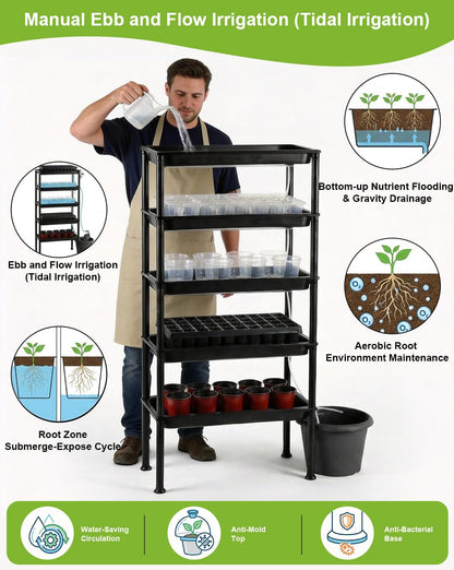 RooTrimmer 5-Tier Hydroponics Growing System, Plant Stand, Ebb and Flow Seedbeds, Siphoning Circulation Watering for Indoor/Greenhouse, Designed for Seed Starter Nursery Cell Trays, Plant Pots