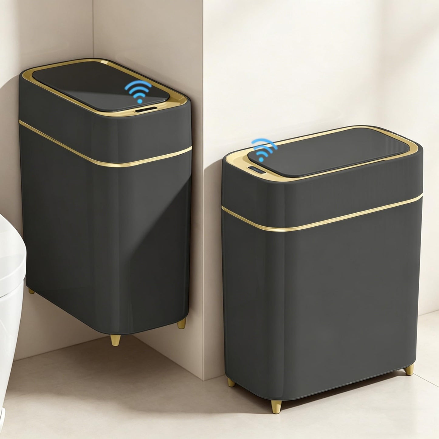 LALASTAR 2-Pack Bathroom Trash Can with Lid, Slim Motion Sensor Trash Can, Small Automatic Garbage Can Touchless, Waterproof Trash Bin for Bedroom, Office, Living Room, 2.3 Gal, Black with Gold Trim