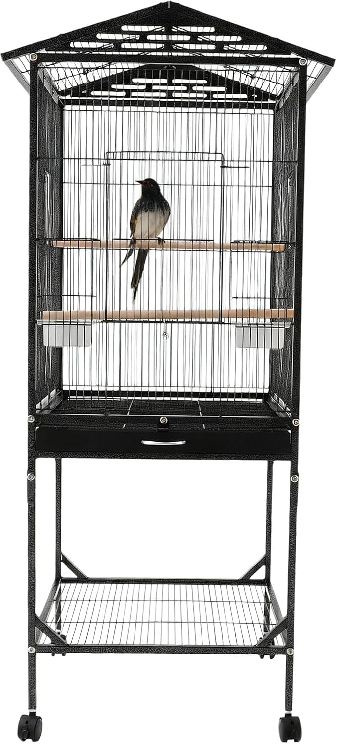 53.5 Inch Iron Bird Cage, Large Parakeet Cages with Play Open Top and Rolling Stand, Bird House with Detachable Stand and Pull-Out Tray for Cockatiels, Parrots, Lovebirds, Canaries (Black, Style A)