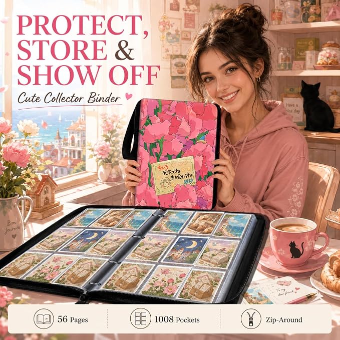 1008 Cute Card Binder 9 Pocket, 3-Ring Trading Card Binder with 56 Page Removable Sleeves, High Storage Waterproof Trading Card Holder Collection Card Album Organizer Case for TCG Cards - Flower