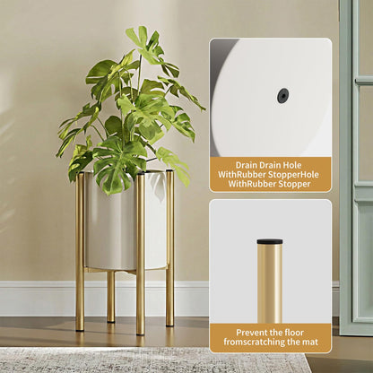 Rioneta Metal Plant Pot with Adjustable Stand, Mid Century Modern Planter Holder Capacity of 160LB for 8 to 14 Inch, Living Room Garden Bedroom Office Indoor Outdoor Beige & Golden