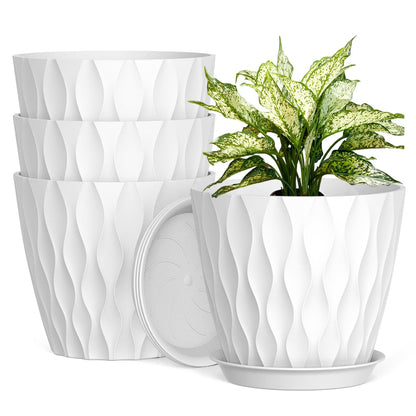 UOUZ 8 Inch Plant Pots, 4 Pack Plastic Planters for Indoor Outdoor with Drainage Holes & Saucers, Waffle Texture Flower Pots for Indoor Plants, Indoor Plant Pots for Monstera, Fiddle Leaf Fig, White