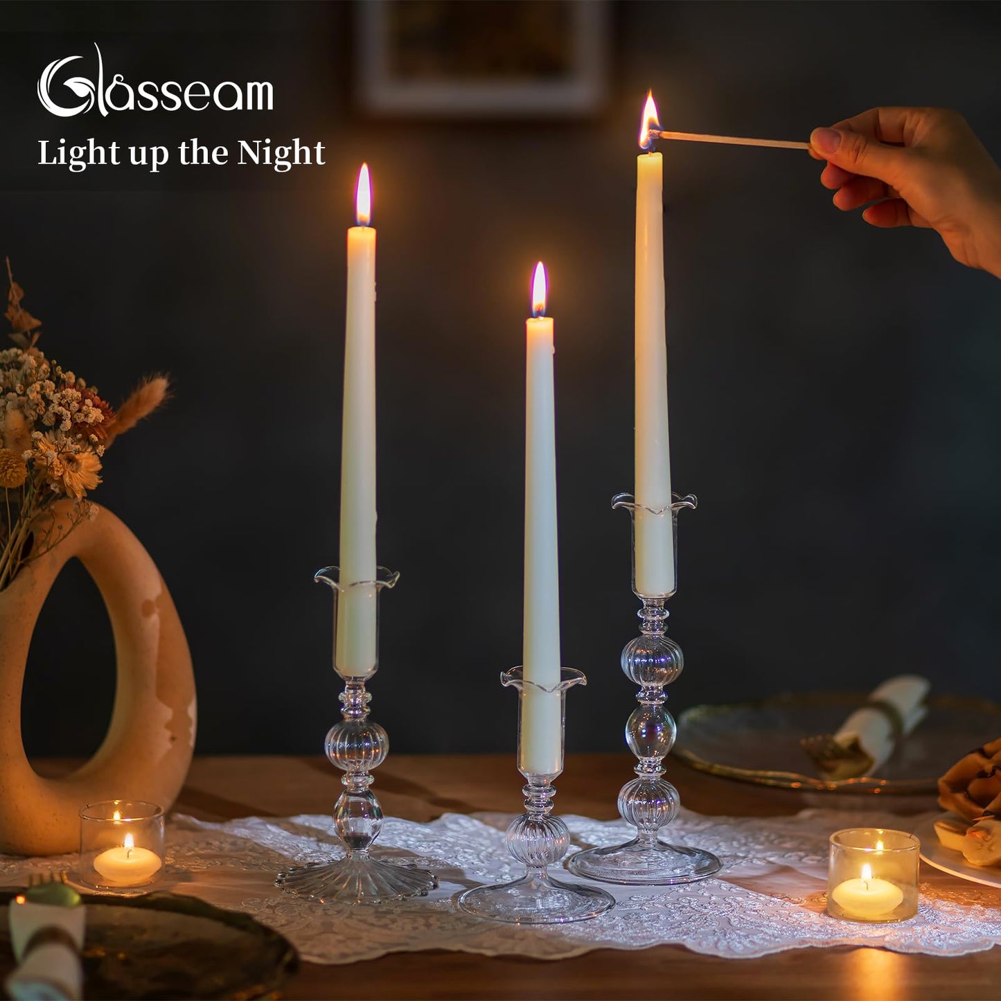 Glasseam Glass Tapered Candlestick Holders: Set of 3 Clear Candle Sticks Holder Decor with Bobeche Modern Ribbed Taper Candle Holders for Table Centerpiece Christmas Wedding Home Decorations