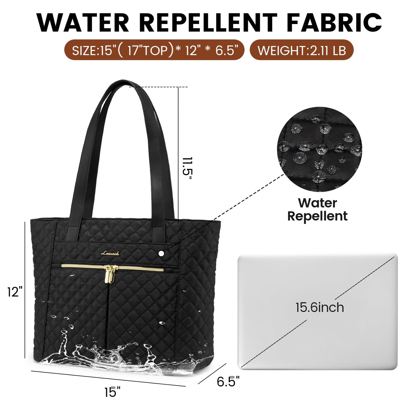 LOVEVOOK Laptop Bag for Women 15.6 inch,Diamond Quilted Work Tote Bags Womens Laptop Tote Computer Shoulder Bags,Stylish Travel Tote Bags Laptop Purse Case Briefcase Handbag with Clutch Bag,Black