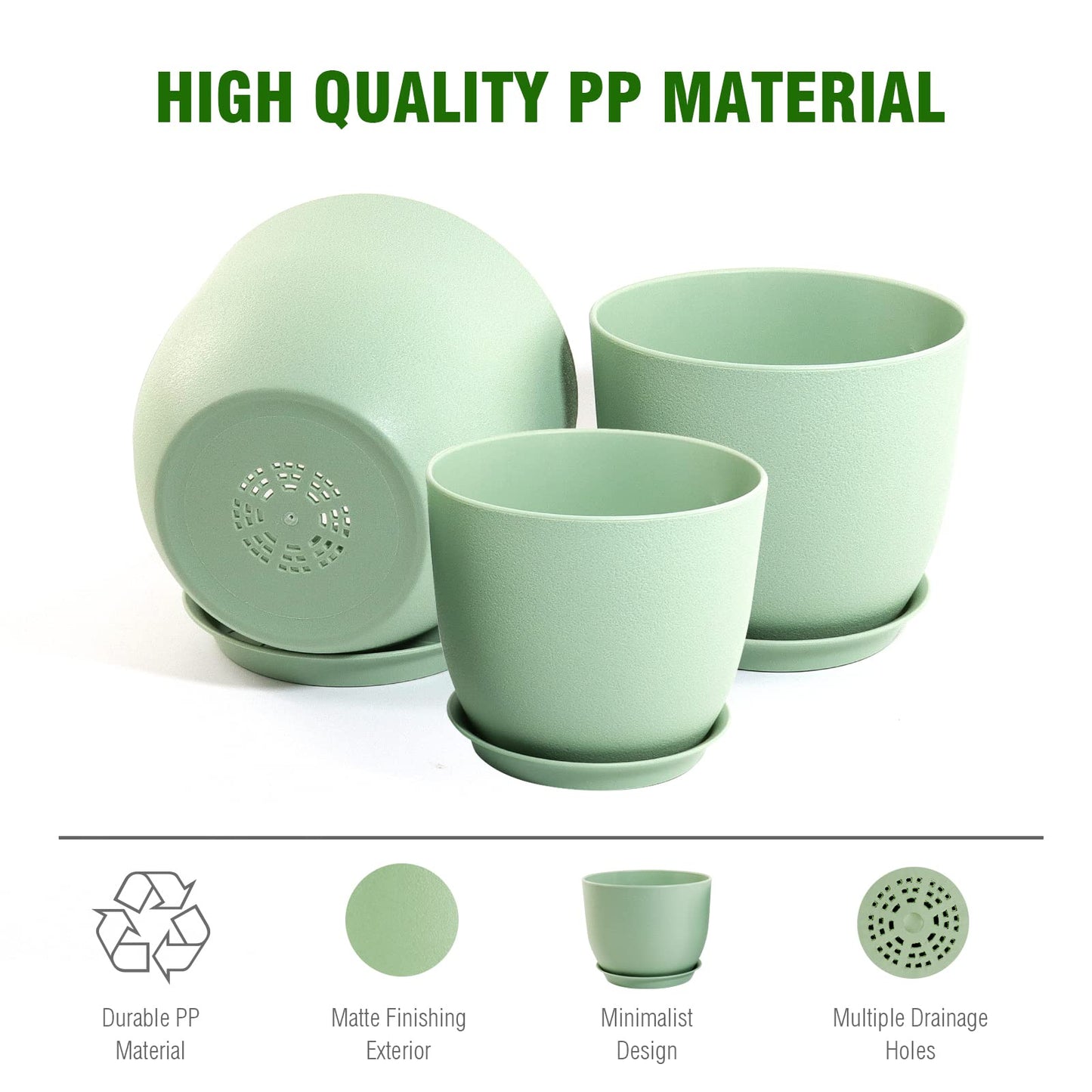 WOUSIWER Plant Pots 10/9/8 inch, Set of 3 Modern Decorative Plastic Planters with Drainage Holes and Saucers for House Plants Indoor Flowers Plants, Green