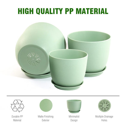 WOUSIWER Plant Pots 10/9/8 inch, Set of 3 Modern Decorative Plastic Planters with Drainage Holes and Saucers for House Plants Indoor Flowers Plants, Green
