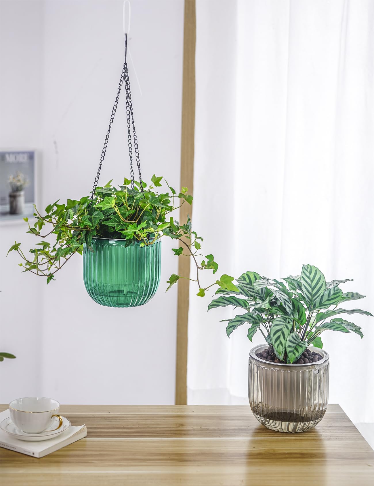 Melphoe 2 Pack Self Watering Hanging Planters Indoor Flower Pots, 6.5 Inch Outdoor Hanging Plant Basket, Hanger with 3Hooks Drainage Holes for Garden Home (Emerald + Gray)