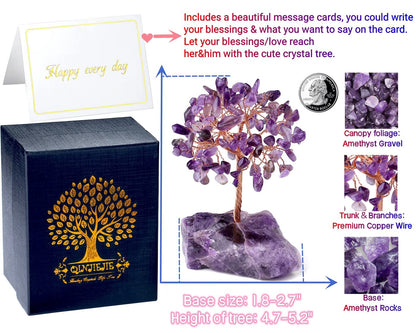QINJIEJIE Bundle of Amethyst Crystal Tree and Obsidian Cat Statue Natural Reiki Gemstone Tree Life Carved Stone Decors Gift Polished Gemstones Figurine Meditation Gift for Women Men
