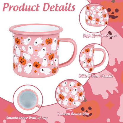 JarThenaAMCS 2 Pcs Halloween Coffee Mug Boo Ghost Pumpkin Enamel Cups with Handle Pink Drinking Mugs for Trick or Treat Birthday Holiday Party Gifts, 12 Oz