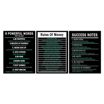 PSYYSP 3 Piece Canvas Wall Art Life Upgrade Money Rules Success Notes Posters, Black Teal Motivational Triptych Wall Decor for Office, Bedroom, Dorm, Framed Canvas 36x16inch