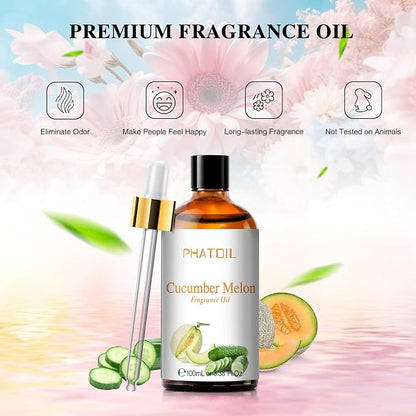 PHATOIL 3.38FL.OZ Cucumber Melon Fragrance Oils for Aromatherapy, Essential Oils for Diffusers for Home, Perfect for Diffuser, Yoga, Skin Care, DIY Candle and Soap Making - 100ml