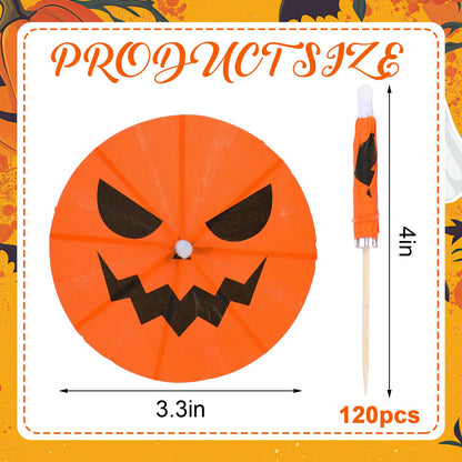 Whaline 120 Pcs Summer Halloween Cocktail Umbrella Drink Picks Orange Black Pumpkin Drink Umbrellas for Beverage Fruit Cupcake Topper Decorations