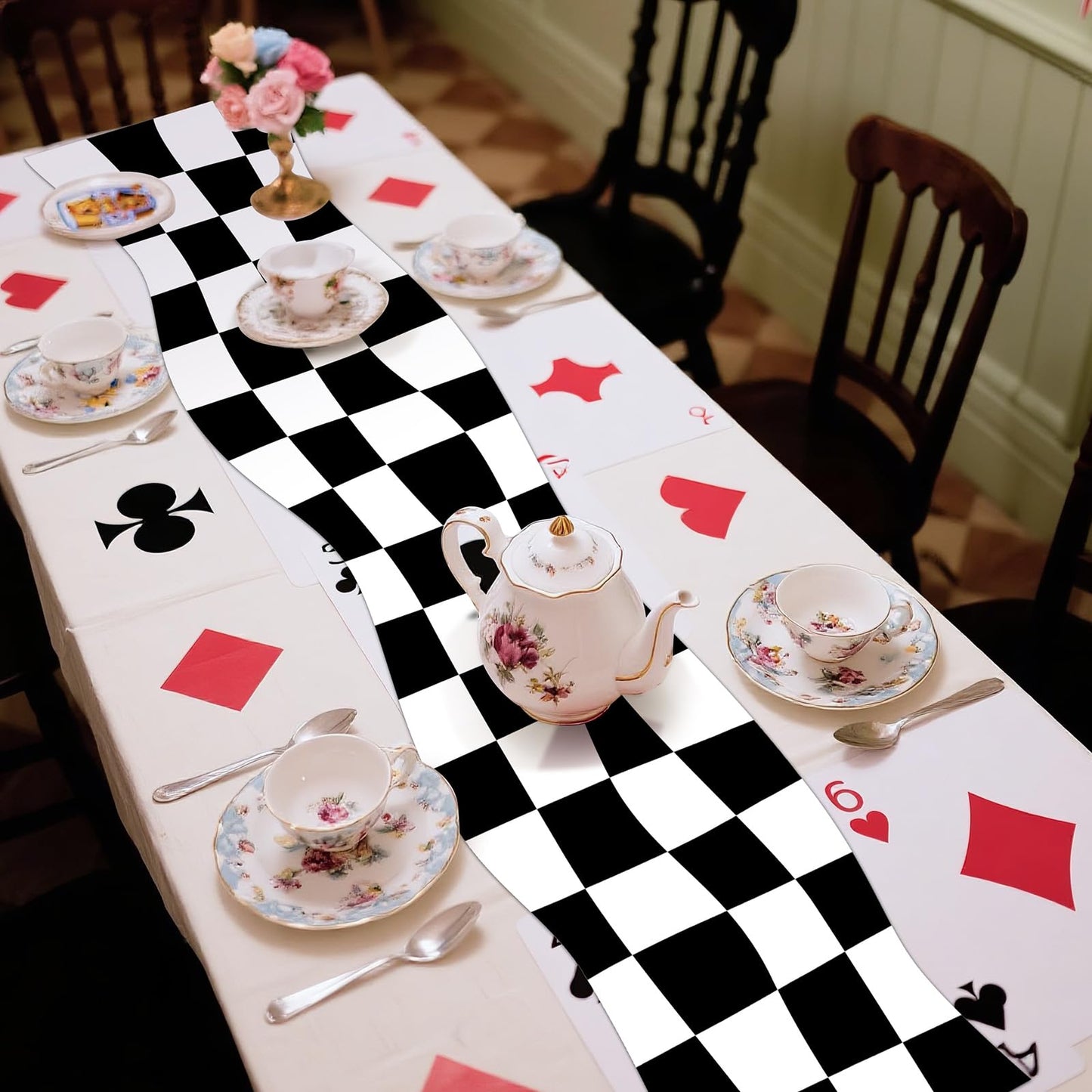 Preboun 2 Pcs Wonderland Party Table Runner Tea Party Table Decor Black and White Checkerboard Tables Runner Decoration for Wonderland Birthday Baby Shower Decorations, 12 x 72 Inches