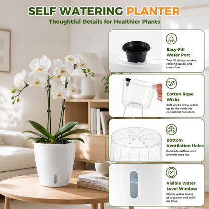 KvyusFlourish Upgraded Self Watering Pots for Indoor Plants, 4-Pack 5 Inch Top-Fill Self Watering Planter with Water Window, Orchid Pots, Clear Wick Inner Basket with Drainage, White