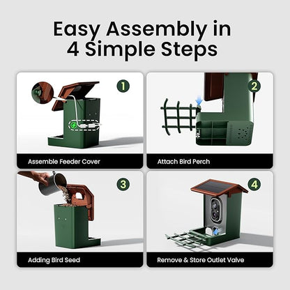 Smart Bird Feeder with Camera Solar Powered 2K HD Video, 10,000+ Species AI Recognition, Real-Time App Alerts, and Weatherproof Design for Effortless Birdwatching, Gift for Bird Lovers, Green Brown
