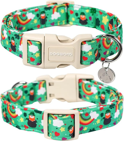 DOGWONG St. Patrick's Day Dog Collar, Lucky Clover Shamrock Green, Small, Soft Durable Adjustable Costume, Breakaway Closure