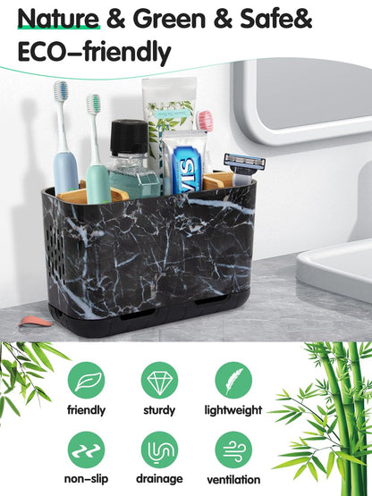 GFWARE Marble Toothbrush Holders, 5 Slots Bamboo Toothbrush and Toothpaste Holder for Bathroom Counter with Drainage, Kids Electric Toothbrush Organizer, Black Toothbrush Holders for Bathrooms