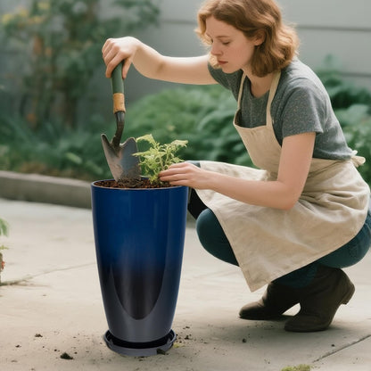 Neoaider Set of 2 Lightweight Ceramic-Look Tall Planter, 21 inch Large Plastic Planter with Drain Hole & Saucers, Large Outdoor Planters for Porch, Garden, Patio, Balcony(Dark Blue)