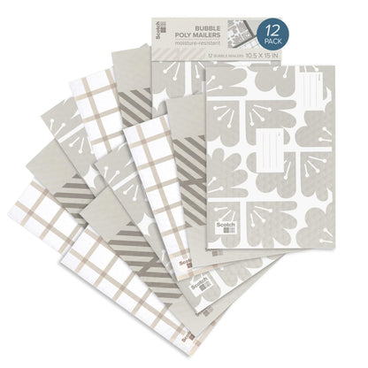 Scotch Poly Bubble Mailers, Assorted Taupe Designs, Size 5 Large, 10.5 in x 15 in, 12 Mailers