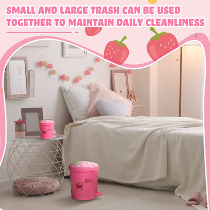 Tessco for you 2 Pieces Strawberry Desk Trash Can Cute Mini Countertop Trash Can with Lid Kawaii Small Garbage Plastic Waste Bin with Sticker for Car Office Home Bedroom Bathroom Kitchen Decor(Pink)