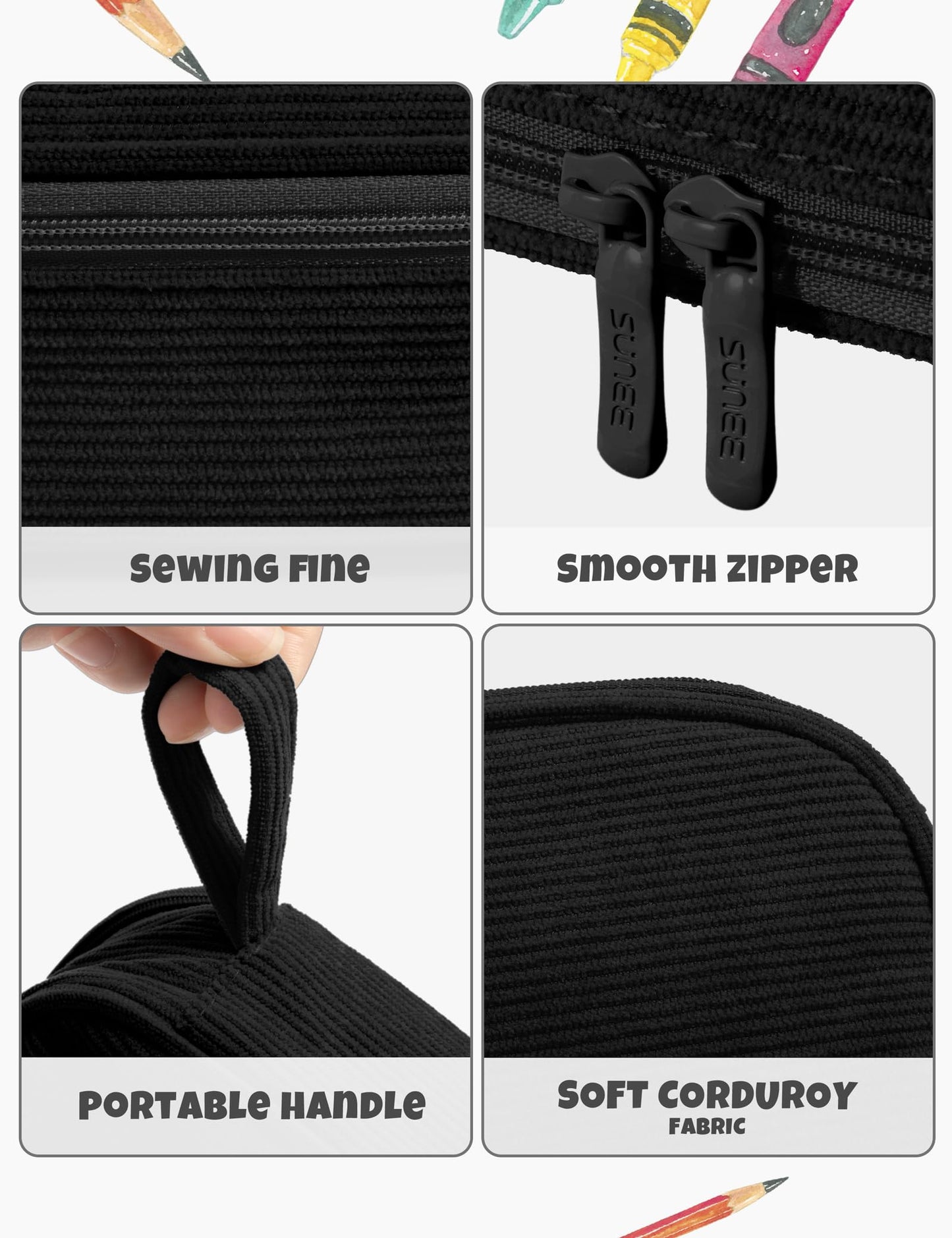 SUNEE Cute Pencil Case, Large Pencil Pouch, Soft Corduroy Aesthetic Big Pencil Bag with Zipper, Kawaii Stationery Storage and Organizer, School Supplies for Teen and Adult, Boys&Girls, Coal Black