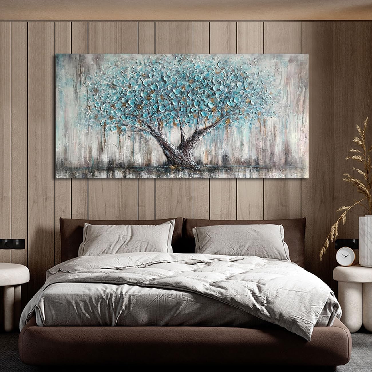 Arjun Tree Wall Art Canvas for Living Room Blue Tree of Life Nature Teal Abstract Textured Painting Picture Modern Panoramic Landscape Artwork Framed Bedroom Home Office Decor, Large Size 40"x20"