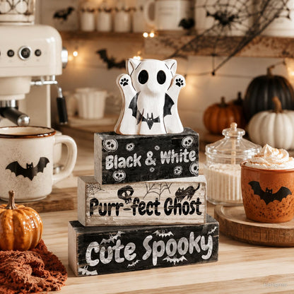 4 Pcs Ghost Cat Halloween Decor Black and White Halloween Tiered Tray Decorations Cute Spooky Rustic Wooden Blocks with Skull Bats Spider Webs Farmhouse Table Centerpiece for Home Office Desk Shelf Mantel Coffee Bar