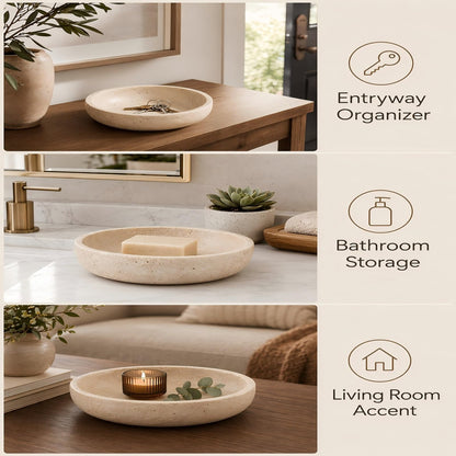 Natural Travertine Decorative Bowl 7.8", Travertine Bowl & Natural Stone Centerpiece for Coffee Table Decor, Ring Tray, For Entryway, Kitchen Fruit Bowl, Potpourri, Dining Table Centerpiece.