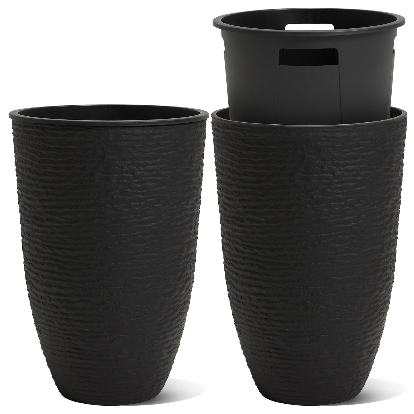 Worth Garden 2-Pack 21" H. Black Tall Planters with Inside Pots - 14'' Dia Plastic Large Round Plant Tree Pots - Decorative Imitation Stone Finish for Indoor Outdoor Front Porch Container Patio