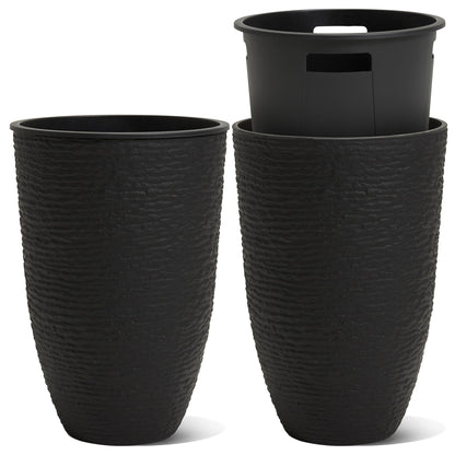 Worth Garden 2-Pack 21" H. Black Tall Planters with Inside Pots - 14'' Dia Plastic Large Round Plant Tree Pots - Decorative Imitation Stone Finish for Indoor Outdoor Front Porch Container Patio